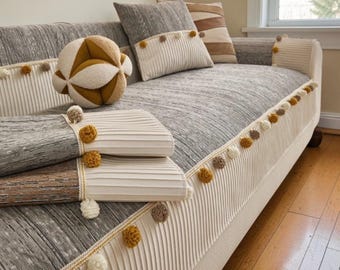 Funda moderna minimalista para sofá de 3 plazas – Protector de sofá antideslizante de algodón y lino, funda gruesa lavable, tejido suave y transpirable, juego de sofás para mascotas