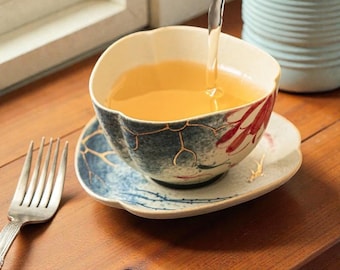 Wabi-Sabi Japanese Kintsugi Tea Cup – Red Floral Ceramic Bowl, One-of-a-Kind Artisan Gift for Tea Rituals