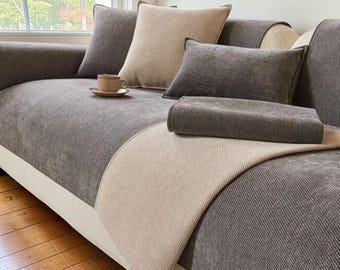 Funda de sofá minimalista de chenilla: protector de sofá de sarga antideslizante, lavable para todas las estaciones, decoración moderna para el salón.