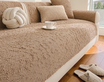 Lamb Wool Sofa Cover – Thick Non-Slip Couch Protector, Washable Pet Friendly Sofa Throw, Soft Seat Cushion Cover for Dogs and Cats
