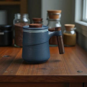 Puede incluir: Una taza de cerámica azul con asa y tapa de madera. La taza tiene un diseño curvo y un borde blanco. El asa es de madera oscura. La taza está sobre una superficie de madera.