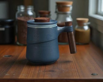 Wabi-Sabi Japanese Tea Mug – Ceramic Steeping Cup with Crane Motif & Wooden Handle