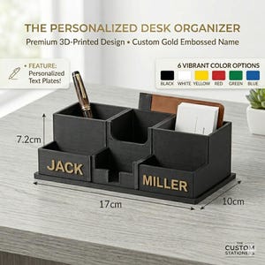 Organizador de escritorio personalizado: organizador de oficina con múltiples compartimentos impreso en 3D con nombre personalizado.