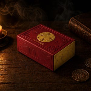 Op de afbeelding: Een rode rechthoekige doos met gouden details en de tekst "voxoralab". De doos heeft een cirkelvormig gouden embleem. Een brandende kaars en een oud boek staan op de achtergrond. Twee gouden munten liggen op een houten oppervlak.
