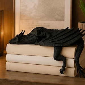 May include: A black dragon figurine with textured scales and folded wings resting on top of a stack of three plain, light-colored books. The dragon is positioned horizontally with its head facing left and its tail hanging down the right side.