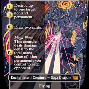 Puede incluir: Carta de fantasía con un dragón oscuro. El texto incluye "Summon: Bahamut", "Mega Flare" y "Flying". El poder de la carta es 9/9. Es una Criatura de Encantamiento - Saga Dragon.