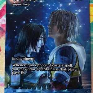 May include: A rectangular trading card featuring an illustration of two figures standing in water under a starry night sky. The text reads Stay with Me, Rhystic Study, Enchantment, and Whenever an opponent casts a spell, you may draw a card unless that player pays 1.