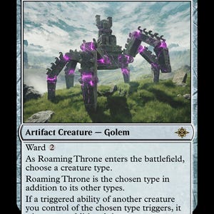 Może przedstawiać: Karta Magic: The Gathering zatytułowana "Roaming Throne". Karta przedstawia kamiennego golema z świecącymi fioletowymi akcentami na tle górzystego krajobrazu. Tekst karty opisuje jego zdolności i statystyki, w tym moc i wytrzymałość 4/4.
