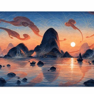 May include: A scenic landscape illustration featuring a sunset over a body of water with mountains and boats. The sky transitions from blue to orange, with stylized clouds. The water reflects the sunset and mountains.
