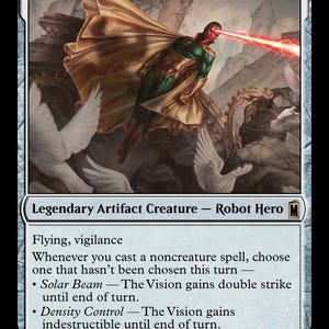 Könnte beinhalten: Eine Magic: The Gathering-Karte mit dem Titel "The Vision". Die Karte zeigt eine heldenhafte Figur mit rotem Gesicht und grüner und goldener Kleidung, die einen roten Strahl aussendet. Die Karte ist ein Legendäres Artefakt-Kreatur - Roboterheld.