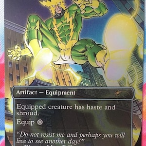 May include: A collectible trading card titled Lightning Greaves featuring a green and yellow costumed character leaping above a city. The card text reads Artifact - Equipment, Equipped creature has haste and shroud, Equip 0, and a quote by Electro, Max Dillon.