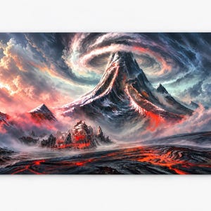 Pode incluir: Um tapete de secretária retangular com uma ilustração digital de um pico vulcânico imponente rodeado por nuvens de tempestade, com fluxos de lava vermelha brilhante sobre uma paisagem rochosa escura e um pequeno povoado na base.