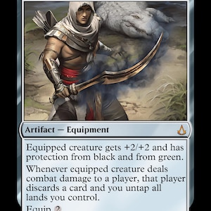 May include: A Magic: The Gathering card titled "Sword of Feast and Famine." The card features an illustration of a figure holding a curved blade, with a crocodile in the background. The card text describes the artifact's abilities.