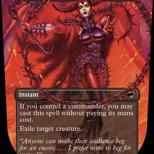Peut inclure: Une carte à collectionner intitulée Deadly Rollick représentant une silhouette à cornes en armure sombre entourée de chaînes sur un fond rouge ardent. Le texte de la carte inclut des règles de jeu et un texte d'ambiance, avec un symbole de mana noir.