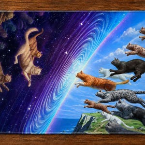 May include: A rectangular desk mat featuring a split design. The left side depicts cats floating in a dark purple and blue nebula with stars. The right side shows cats leaping across a bright blue sky above a green landscape, separated by a swirl.