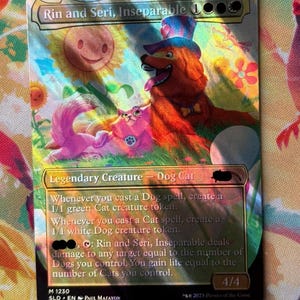 Pode incluir: Uma carta colecionável holográfica intitulada Rin and Seri, Inseparable apresentando uma ilustração colorida de um cão castanho com uma cartola azul e rosa e um gato cor-de-rosa sentados num campo com um girassol sorridente.