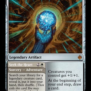 Peut inclure: Une carte à collectionner rectangulaire intitulée The Arkenstone, représentant une pierre précieuse bleue brillante tenue par une main sombre sur un fond brun tourbillonnant. Le texte inclut Legendary Artifact et Seek the Heart.