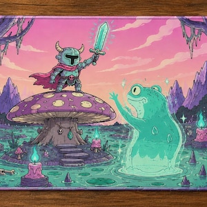 May include: A rectangular desk mat featuring a colorful illustration of a small knight in armor standing on a large mushroom, holding a glowing sword aloft. A large, translucent green frog stands in a swampy landscape with purple trees.