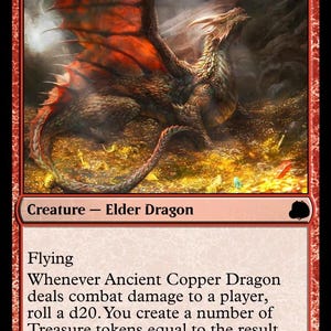 Może przedstawiać: Karta kolekcjonerska Magic: The Gathering zatytułowana Ancient Copper Dragon. Karta zawiera ilustrację dużego smoka o miedzianych łuskach, odpoczywającego na stosie złotych skarbów. Tekst karty zawiera typ stworzenia Elder Dragon oraz zasady gry.