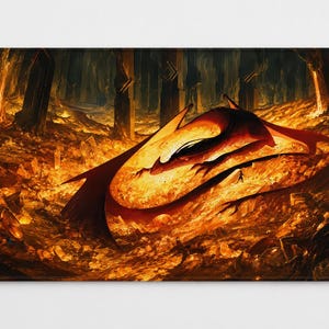 May include: A rectangular desk mat featuring a digital illustration of a large red dragon coiled atop a massive pile of glowing gold coins and treasure. The scene is set within a dark cavern with tall stone pillars and streams of molten lava.