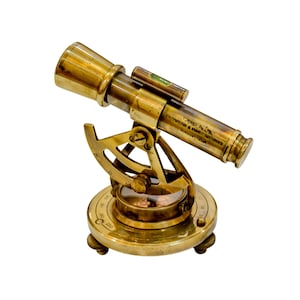 May include: A brass surveying instrument featuring a telescope with a spirit level, a graduated arc, and a circular base with engraved markings. The barrel is inscribed with the text T. JONES & SON, PATENTEE & MANUFACTURERS, LONDON 1894.