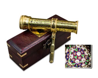 Personalised Polished Brass Kaleidoscope with Handheld Stick & Wooden Box, Educational Vintage Collection,Birthday Gift