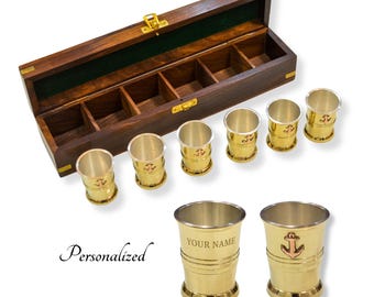Personalized Brass Shot Glass Set of 6 with Wooden Box, Nautical Anchor Shot Glasses, Custom Engraved Gift, Groomsmen Gift, Barware Set
