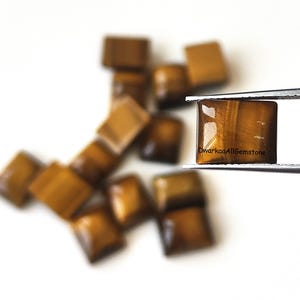 May include: A collection of small, square, polished tiger's eye gemstones with a golden-brown chatoyant lustre. One stone is held by metal tweezers, clearly displaying the text DwarkaaAllGemstone printed on its smooth, reflective surface.