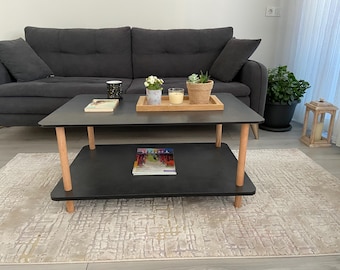 Two Shelf Coffee Table – Mid Century Style – Wooden Legs, MDF Table Top, Charcoal, Rectangular
