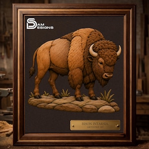 May include: A framed intarsia wood art piece featuring a brown bison standing on a rocky base. The top left corner displays the text SAM DESIGNS. A brass-colored plaque at the bottom right reads BISON INTARSIA. ARTISTRY BY. The frame is dark wood.