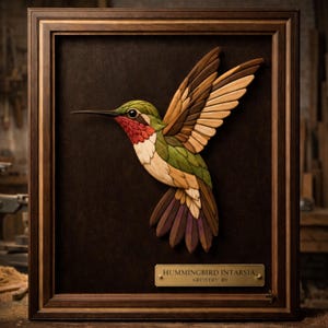 Puede incluir: Una pieza de arte mural de madera con incrustaciones enmarcada que muestra un colibrí con plumaje verde, rojo y marrón. El ave está sobre un fondo marrón oscuro dentro de un marco de madera oscura. Una placa de latón en la parte inferior dice HUMMINGBIRD INTARSIA, ARTISTRY BY.
