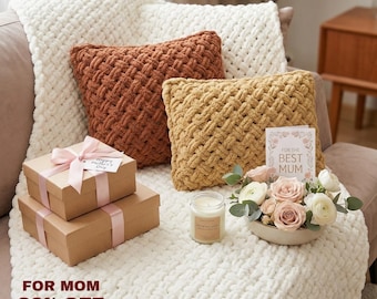 Mother’s Day Gift Blanket Set, Chunky Knit Blanket with 2 Pillows, Chenille Throw, Cozy Home Decor, Hygge Scandinavian Style