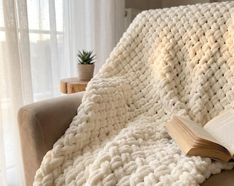 Chunky Knit Blanket, Chenille Throw Blanket, Cozy Hygge Home Decor, Soft Plush Blanket, Handmade Gift for Her