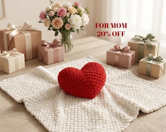 Mother’s Day Gift Set, Chunky Knit Blanket and Heart Pillow, Gift for Mom, Cozy Handmade Blanket, Romantic Gift for Her