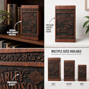 K&ouml;nnte beinhalten: Holz-Urnen von Harley-Davidson mit pr&auml;zise gelasertem Blumendesign und Harley-Davidson-Logo. Die Urnen sind in verschiedenen Gr&ouml;&szlig;en erh&auml;ltlich, die gr&ouml;&szlig;te mit 3277 Kubikzentimetern. Hergestellt aus echtem schwarzem Granit.