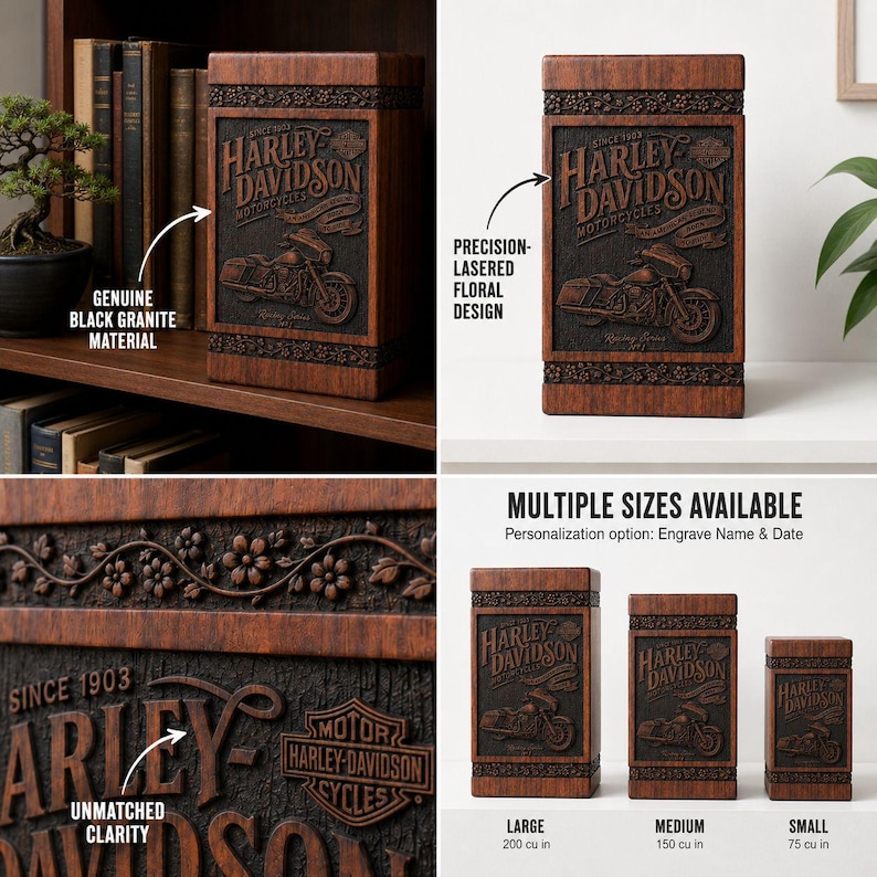 K&ouml;nnte beinhalten: Holz-Urnen von Harley-Davidson mit pr&auml;zise gelasertem Blumendesign und Harley-Davidson-Logo. Die Urnen sind in verschiedenen Gr&ouml;&szlig;en erh&auml;ltlich, die gr&ouml;&szlig;te mit 3277 Kubikzentimetern. Hergestellt aus echtem schwarzem Granit.