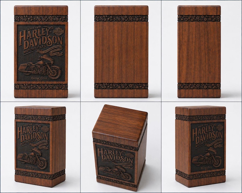 K&ouml;nnte beinhalten: Rechteckige Holzbox mit Harley-Davidson-Logo und Motorrad-Design. Die Box ist dunkelbraun mit dekorativen Verzierungen und einem Klappdeckel. Die Box ist etwa 10 cm breit und 20 cm hoch.