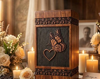 Urna de madera personalizada, caja conmemorativa grabada con mariposa, urna de recuerdo personalizada.