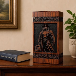 Urna funeraria de madera inspirada en la película "Undertaker" / Caja de recuerdo para cenizas grabada