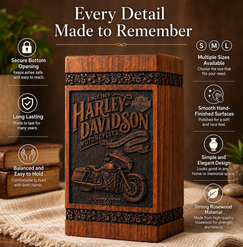 K&ouml;nnte beinhalten: Eine Harley-Davidson Urne aus Holz mit detailliertem Motorrad-Design. Die Urne zeigt das Harley-Davidson Logo und Text, mit zus&auml;tzlichem Text, der lautet: &bdquo;Every Detail Made to Remember&ldquo;. Die Urne ist aus Rosenholz.
