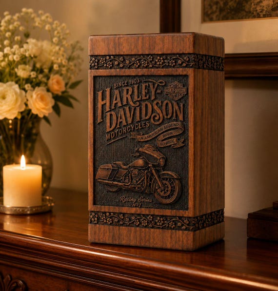 Harley Davidson Motorcycle Wooden Urn, Custom Memorial Box for Rider Dad Husband, Engraved Tribute
