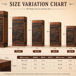 K&ouml;nnte beinhalten: Ein Set aus h&ouml;lzernen Harley-Davidson-Boxen in verschiedenen Gr&ouml;&szlig;en, jeweils mit einem Motorrad-Design und dem Logo der Marke. Die gr&ouml;&szlig;te Box ist 35,5 cm hoch, 19 cm breit und 35,5 cm tief. Die kleinste Box ist 12,7 cm hoch, 7,6 cm breit und 12,7 cm tief.