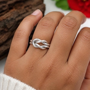 Solid925 Sterling Silver Love Knot Ring, Handmade Ring Double Band, Statement PromiseGift for Lover