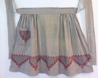 Vintage 1960's style half apron, Black & White Ginghan Cotton Fabric, Heavily embroidered cross stitch