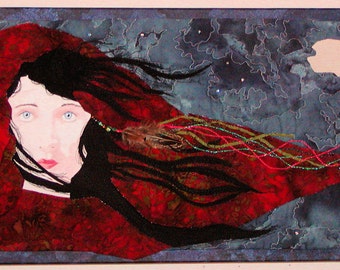 Catherine on the Moors, Wuthering Heights inspired, Original  Fiber Art on Canvas Embellished feathers & beads