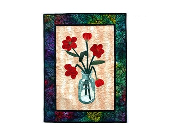 ORIGINAL  Flowers with  Glass Vase Poppies    Fiber Art Quilt