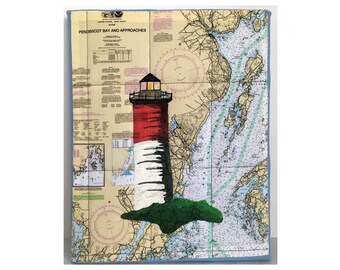 Maine Lighthouse, Fiber Art Painting on Ocean Chart