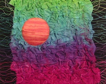 Midnight Sun, Original Abstract Fiber Artwork on Canvas, manipulated fabrics and threads