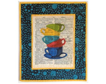 T is for TEACUPS-PAINTED ORIGINAL -  Miniature Art Quilt