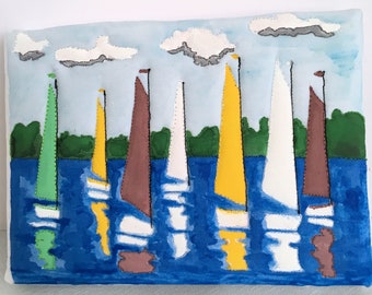 Miniature REGATTA Fiber Art Painting on Fabric, Ocean Landscape with Sailboats